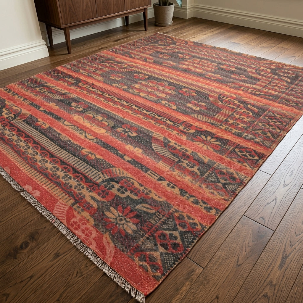 Floral pattern on the Semasel vintage kilim rug – handwoven flatweave in Anatolia, Turkey