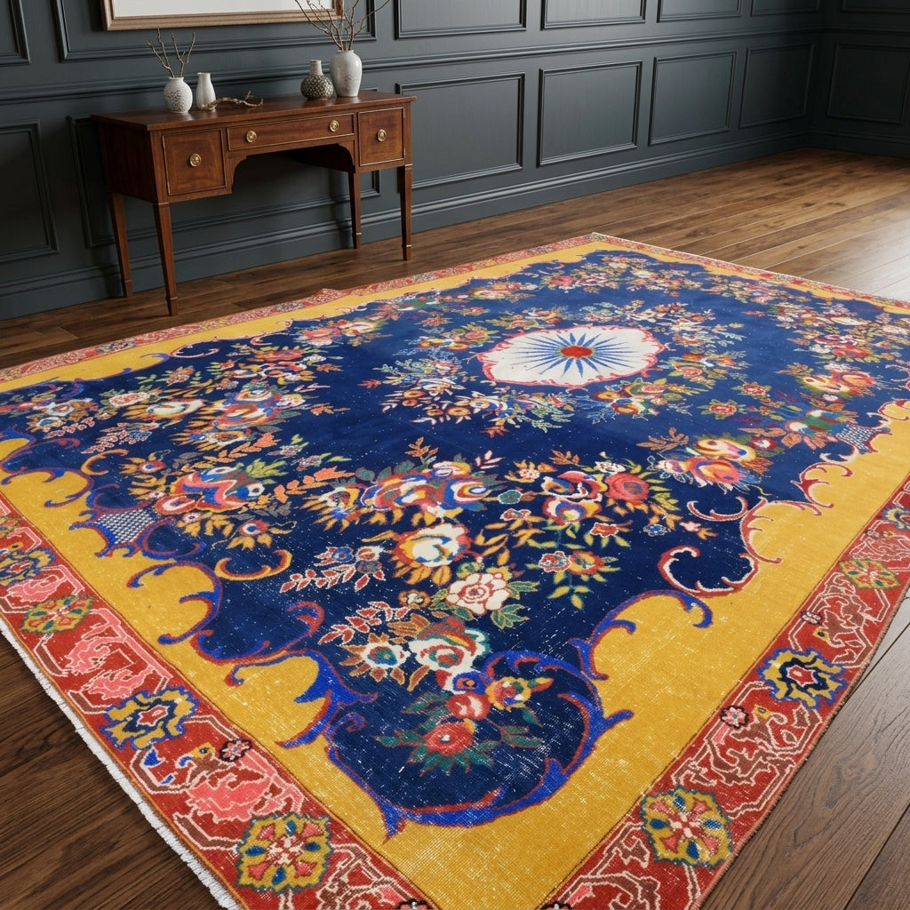 Medallion pattern on the Phemesthene vintage area rug – handmade in Anatolia, Turkey