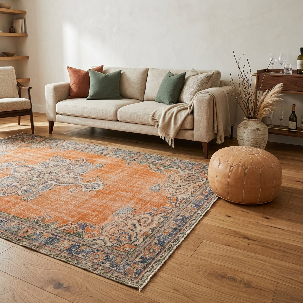 Oriental pattern on the Sabahperver vintage area rug – handmade in Anatolia, Turkey
