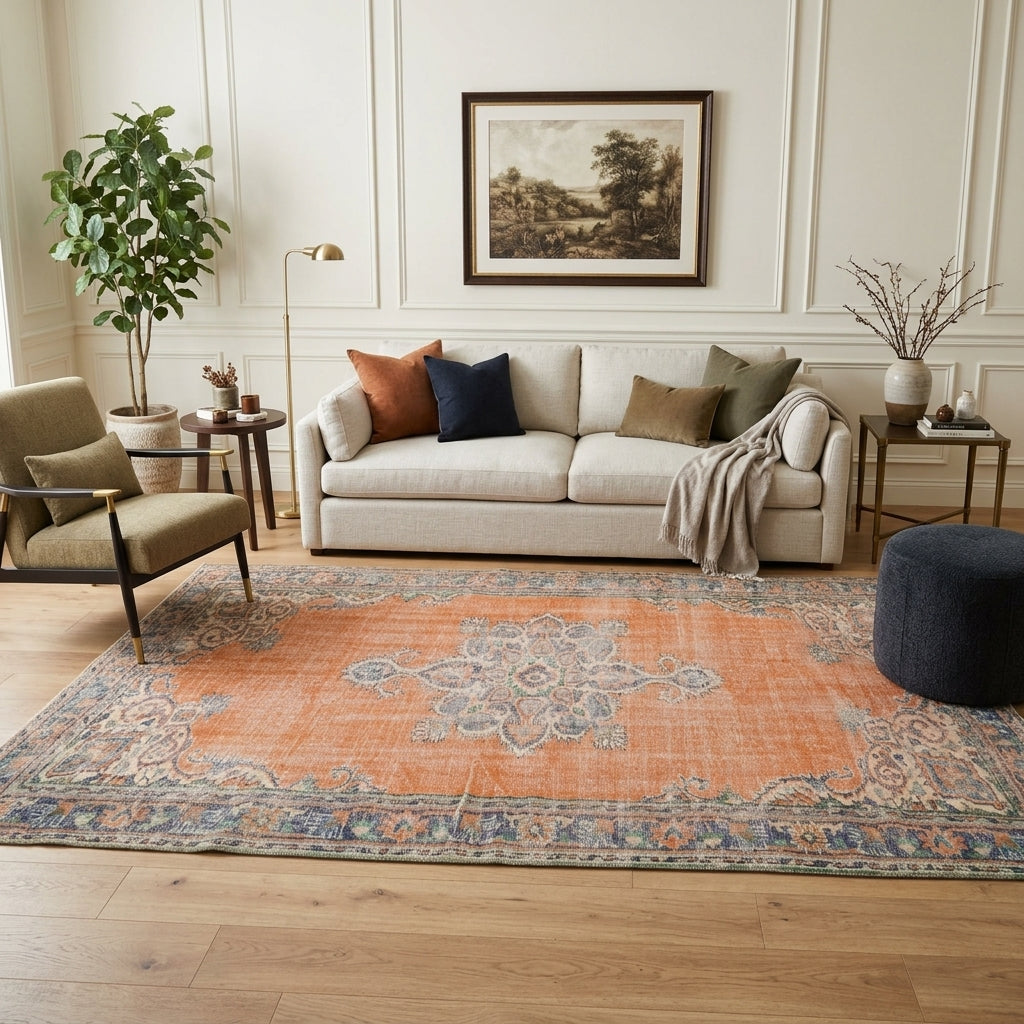 Oriental pattern on the Sabahperver vintage area rug – handmade in Anatolia, Turkey
