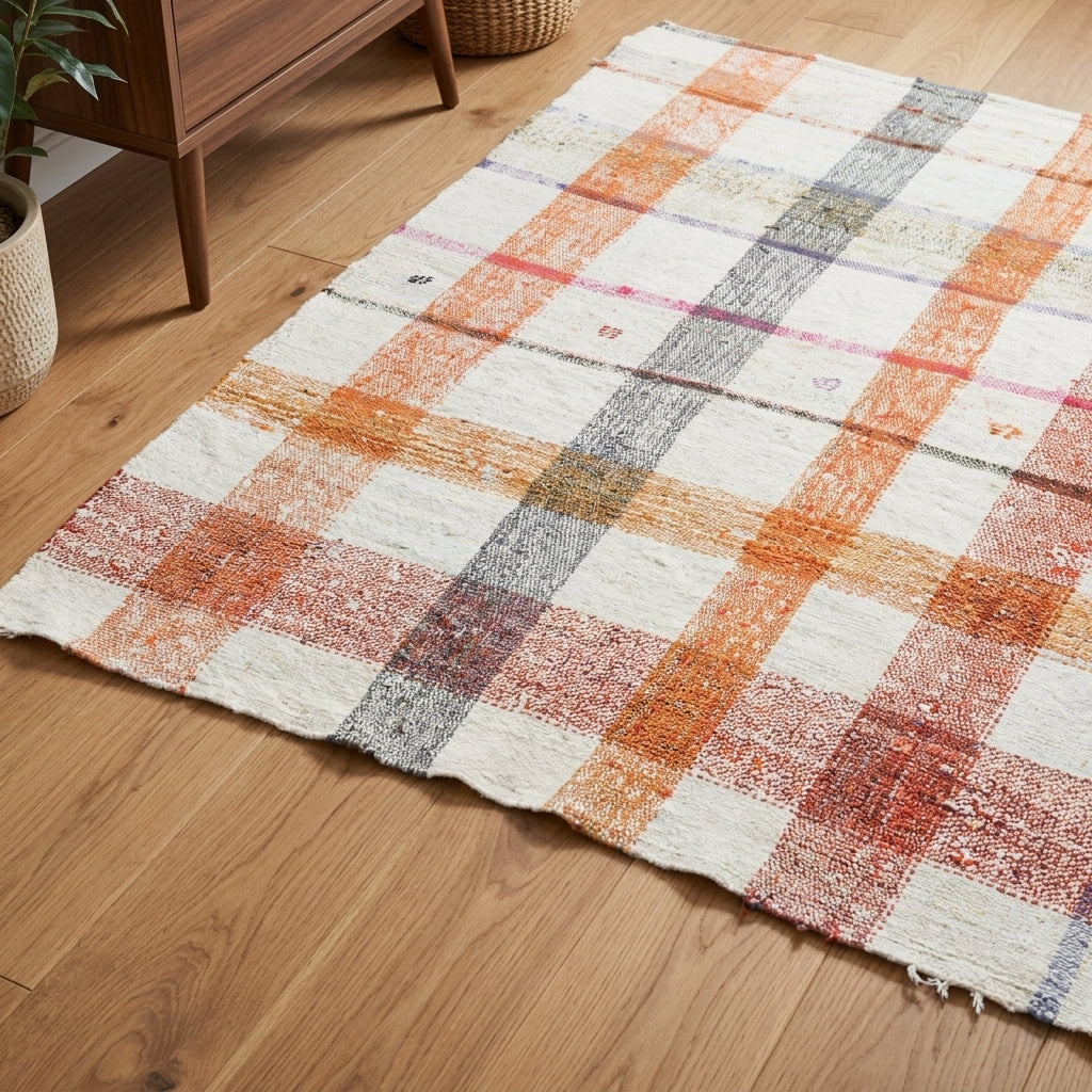 Checkered pattern on the Muazzeznaz vintage kilim runner rug – handwoven flatweave in Anatolia, Turkey