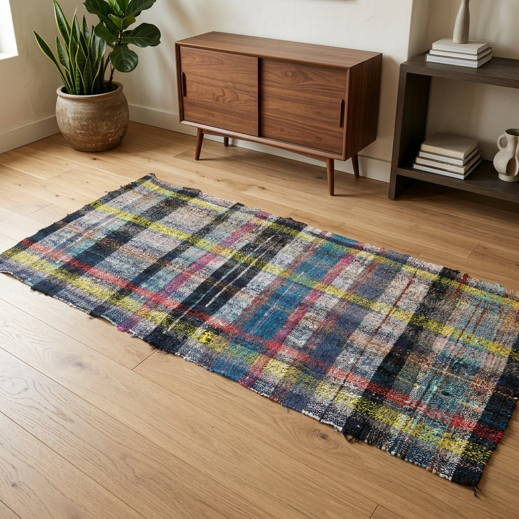 Checkered pattern on the Menekseisik vintage kilim runner rug – handwoven flatweave in Anatolia, Turkey
