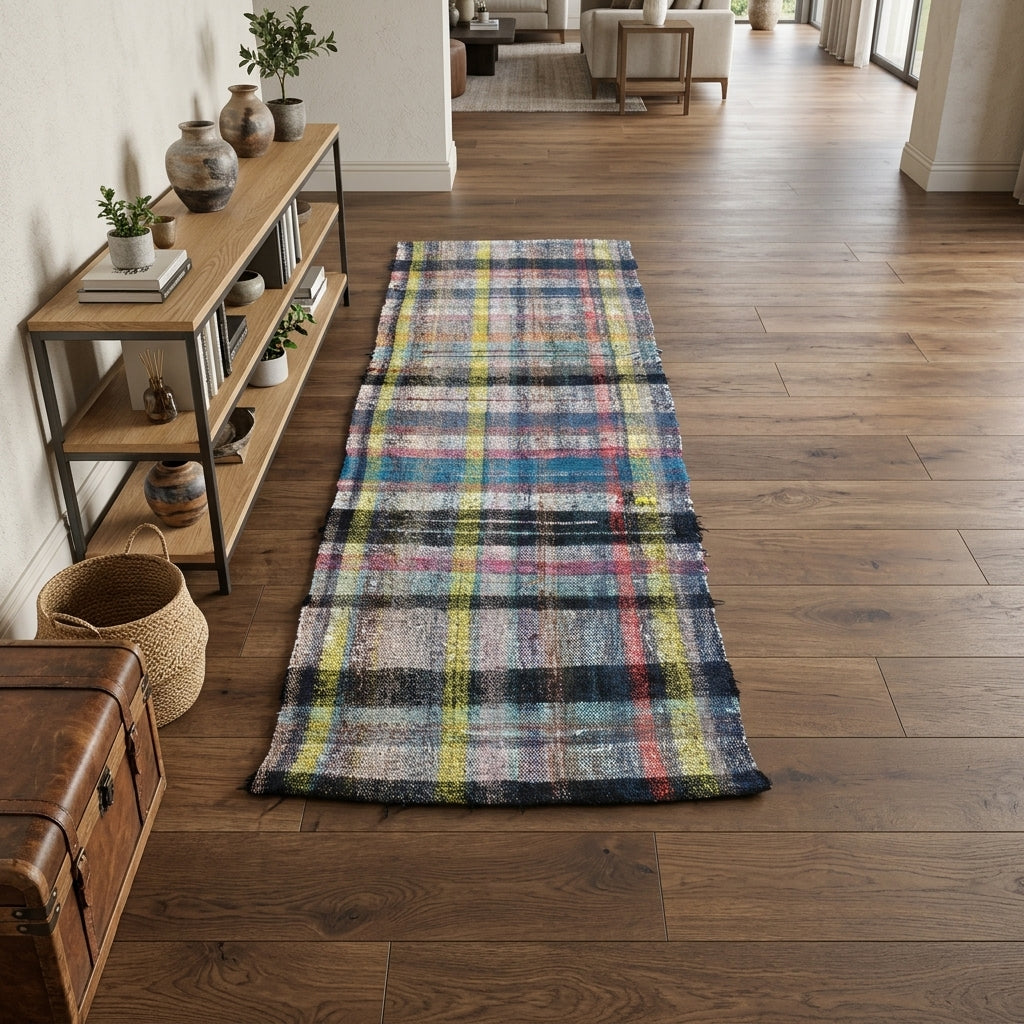 Checkered pattern on the Menekseisik vintage kilim runner rug – handwoven flatweave in Anatolia, Turkey