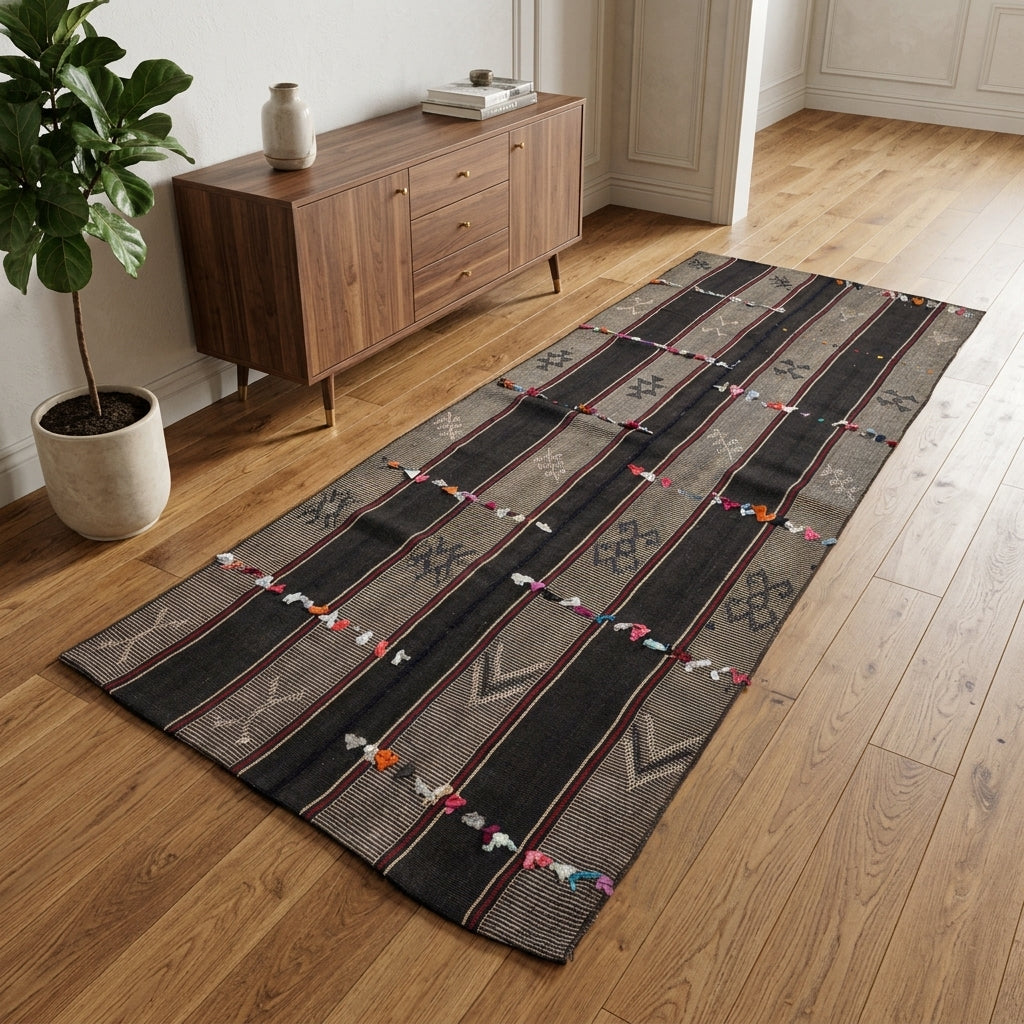 Striped pattern on the Kehribarlale vintage kilim runner rug – handwoven flatweave in Anatolia, Turkey