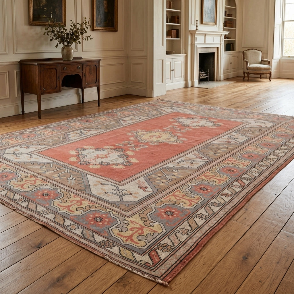 Oriental and bordered pattern on the Phemephaessa vintage area rug – handmade in Milas, Turkey