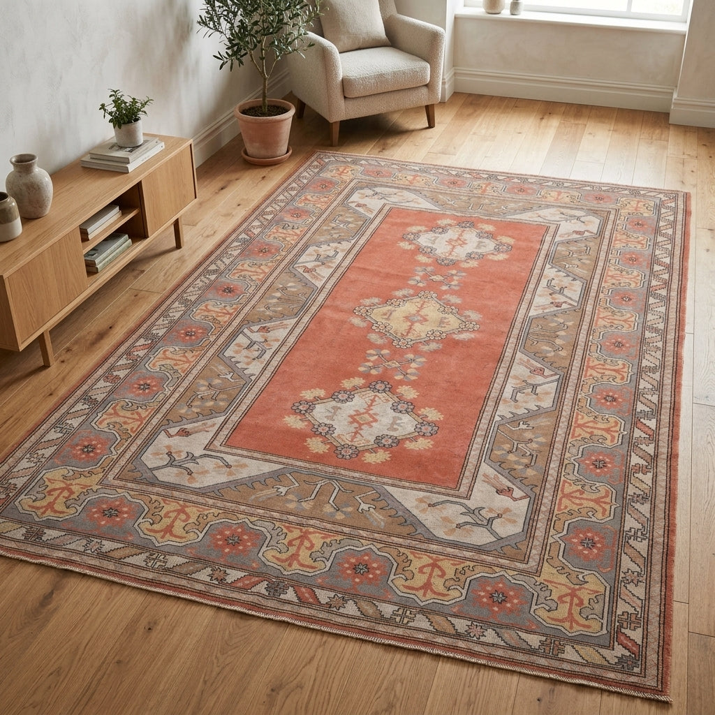 Oriental and bordered pattern on the Phemephaessa vintage area rug – handmade in Milas, Turkey