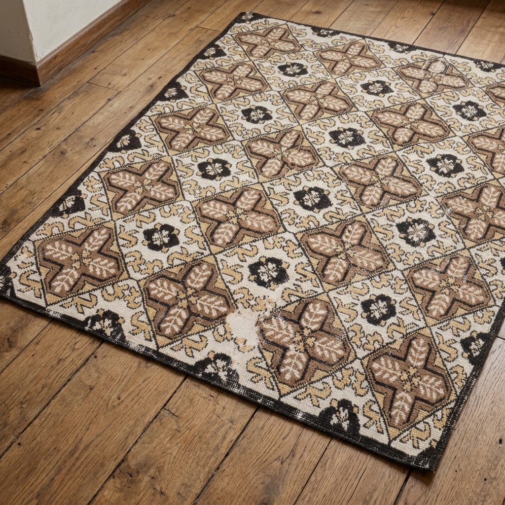 Ikat pattern on the Rhodanthe vintage area rug – handmade in Anatolia, Turkey