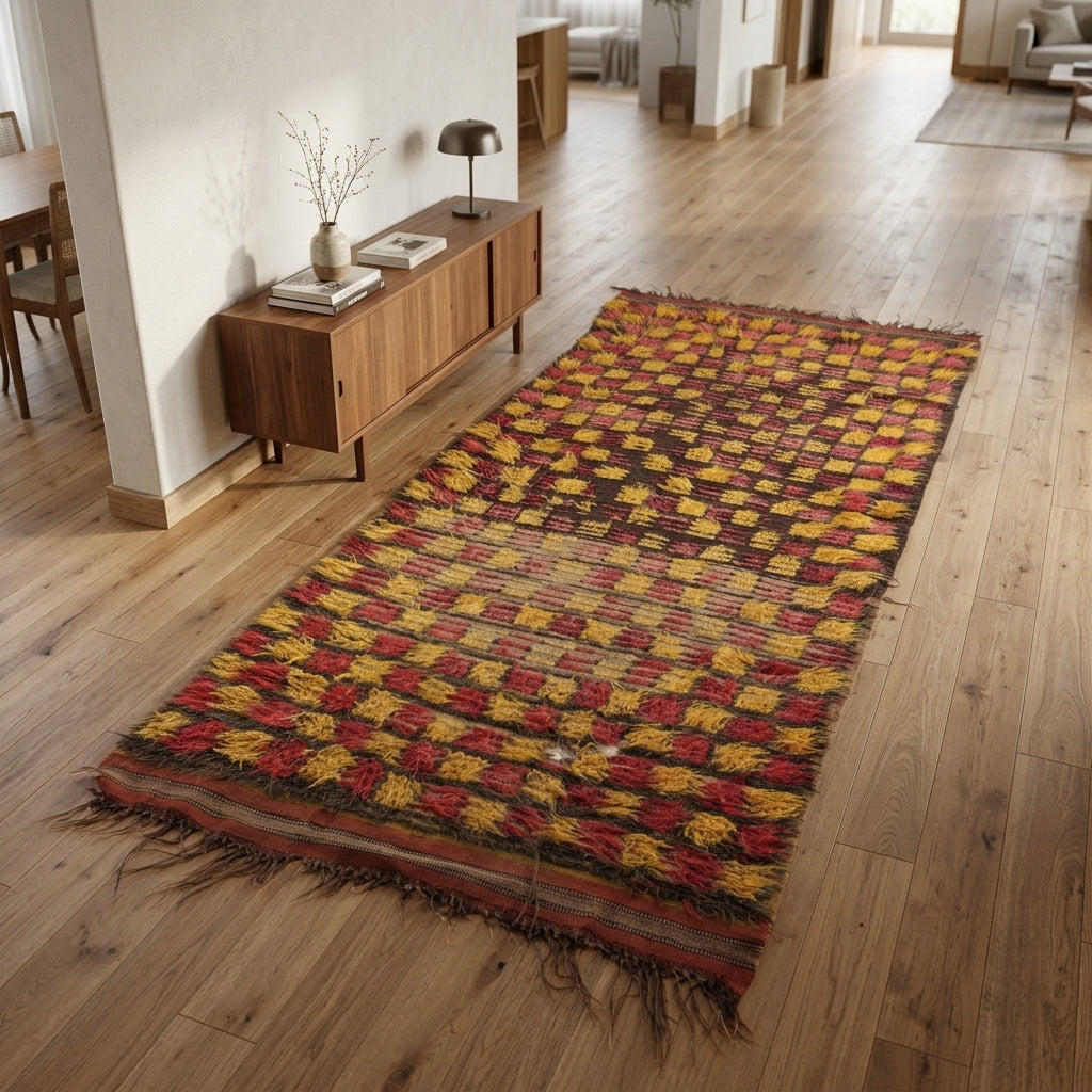 Ikat pattern on the Isiknaz vintage kilim runner rug – handwoven flatweave in Anatolia, Turkey