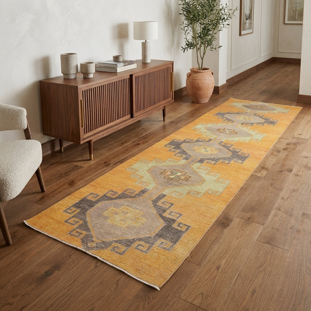 Geometric pattern on the Hemerosela vintage runner rug – handmade in Anatolia, Turkey