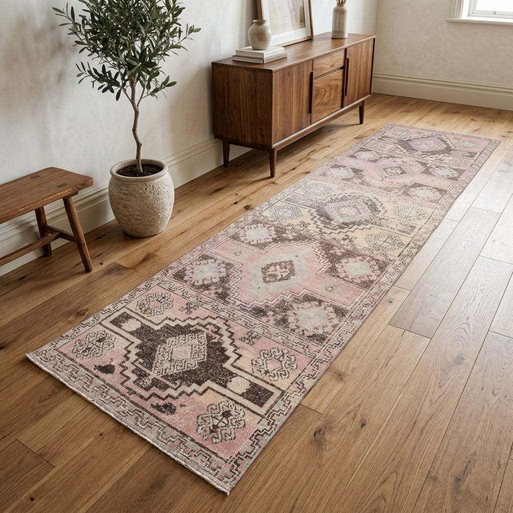 Oriental pattern on the Hemerophora antique washed vintage runner rug – handmade in Anatolia, Turkey