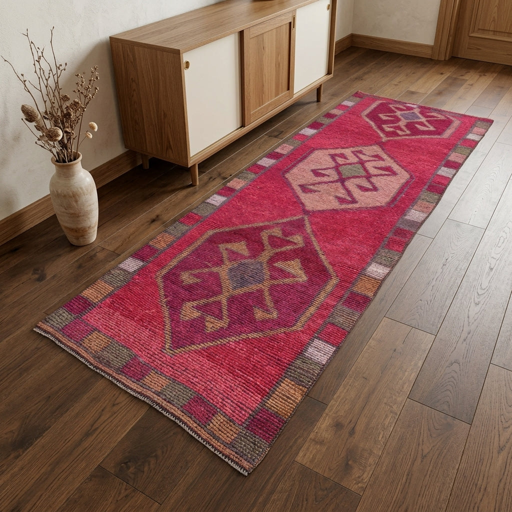 Tribal pattern on the Hedymira vintage runner rug – handmade in Anatolia, Turkey