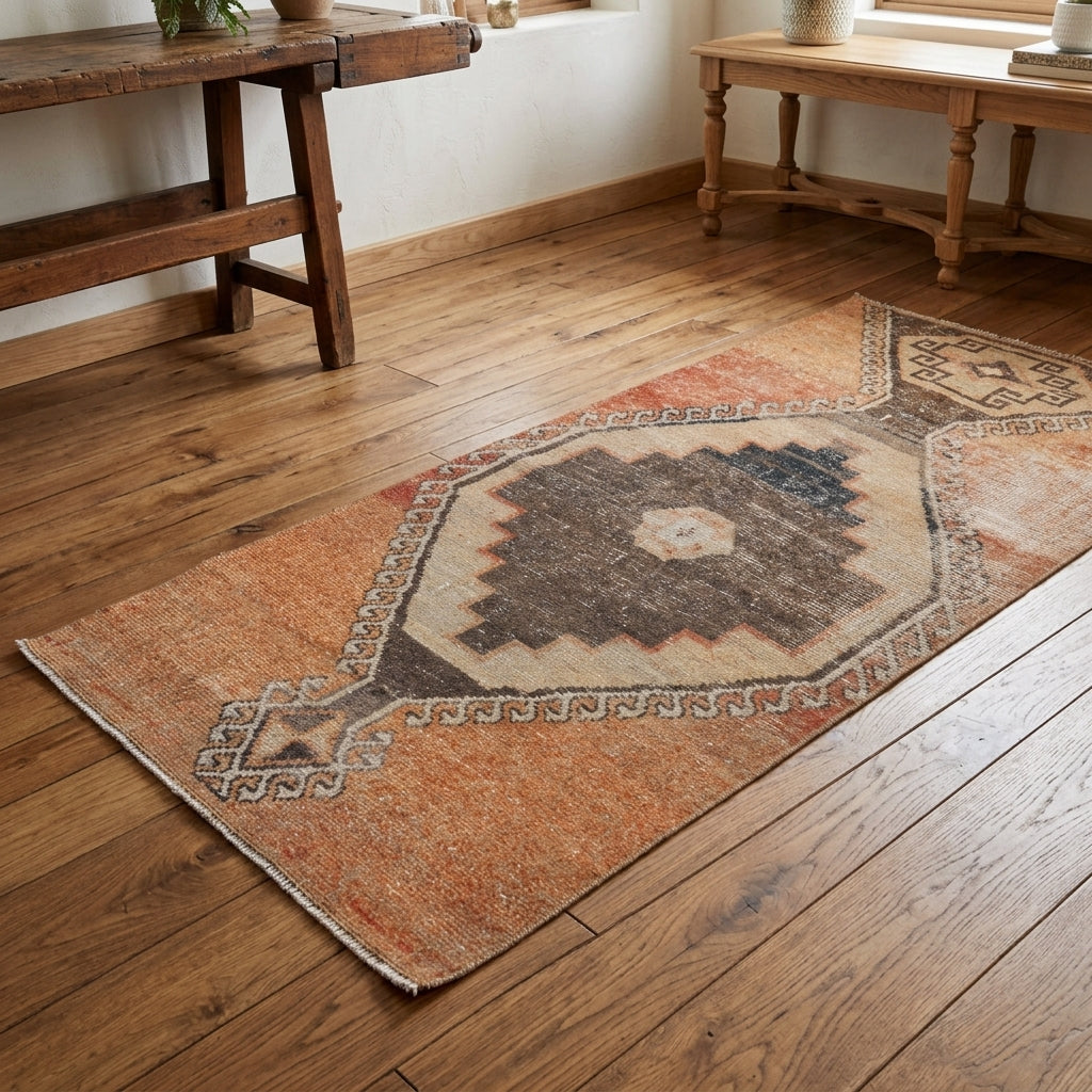 Geometric pattern on the Halosthene vintage runner rug – handmade in Anatolia, Turkey