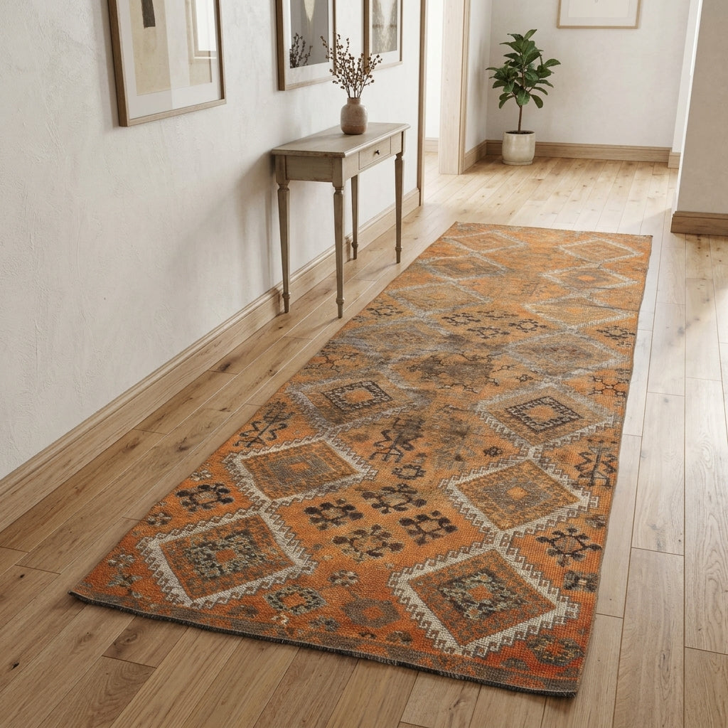 Tribal pattern on the Halfeti antique washed vintage runner rug – handmade in Anatolia, Turkey