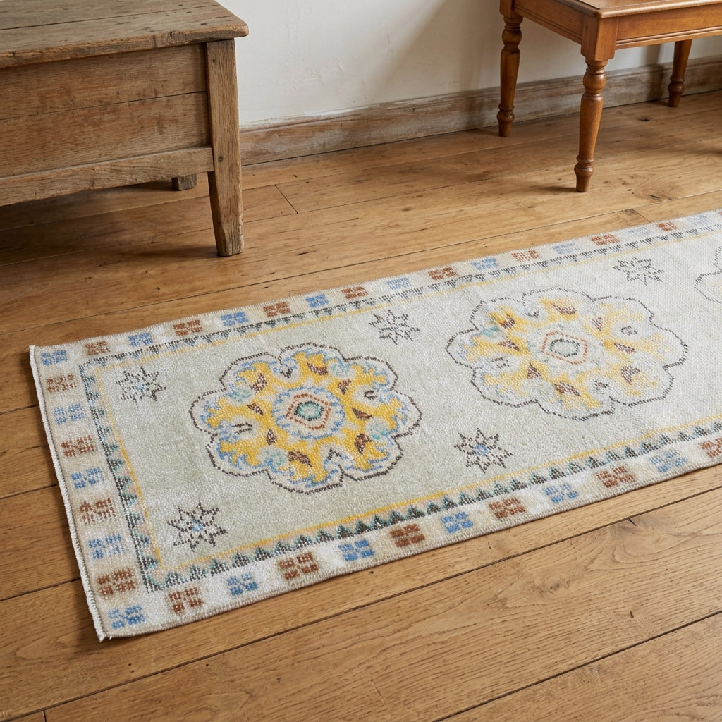 Oriental pattern on the Gumusgonca antique washed vintage runner rug – handmade in Anatolia, Turkey