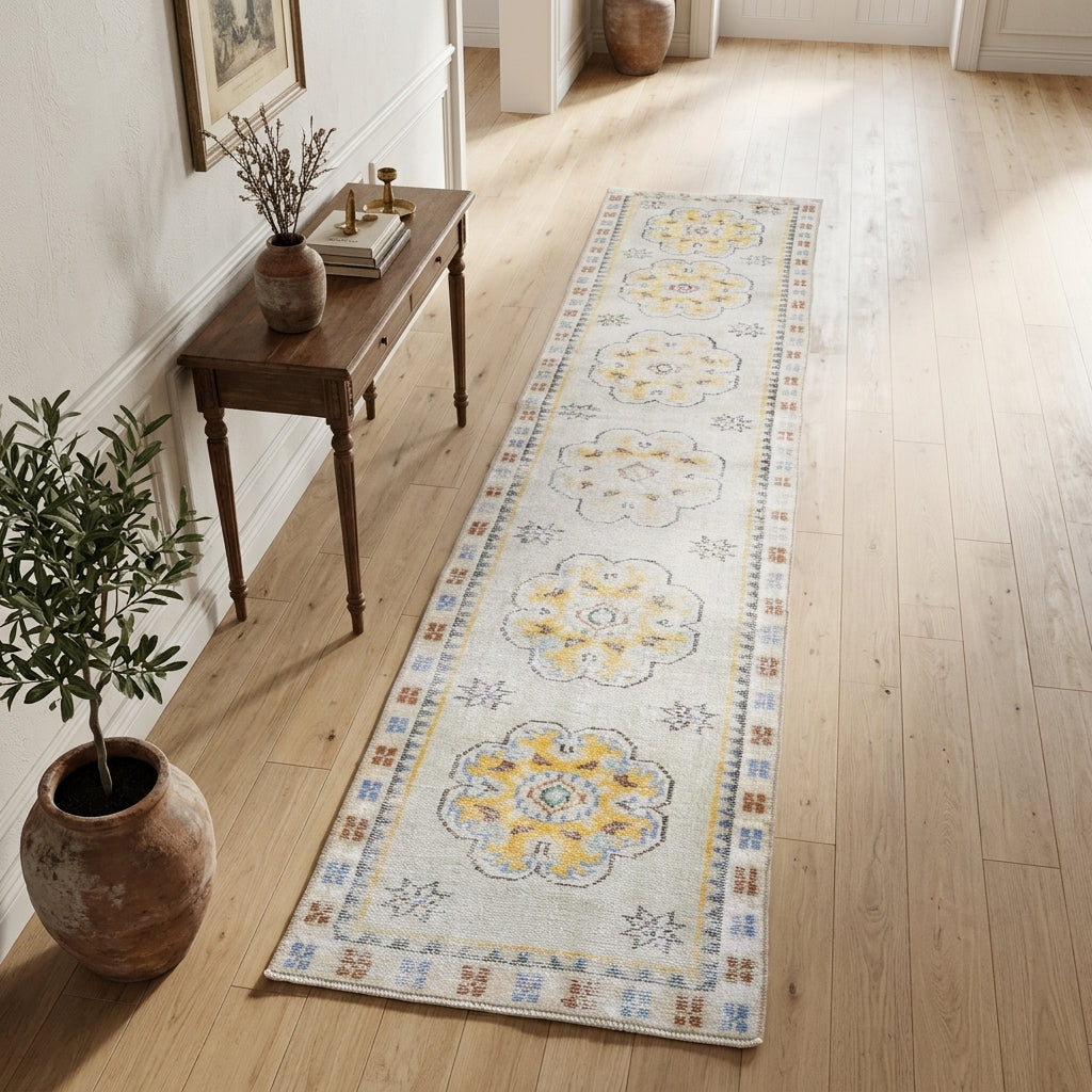Oriental pattern on the Gumusgonca antique washed vintage runner rug – handmade in Anatolia, Turkey