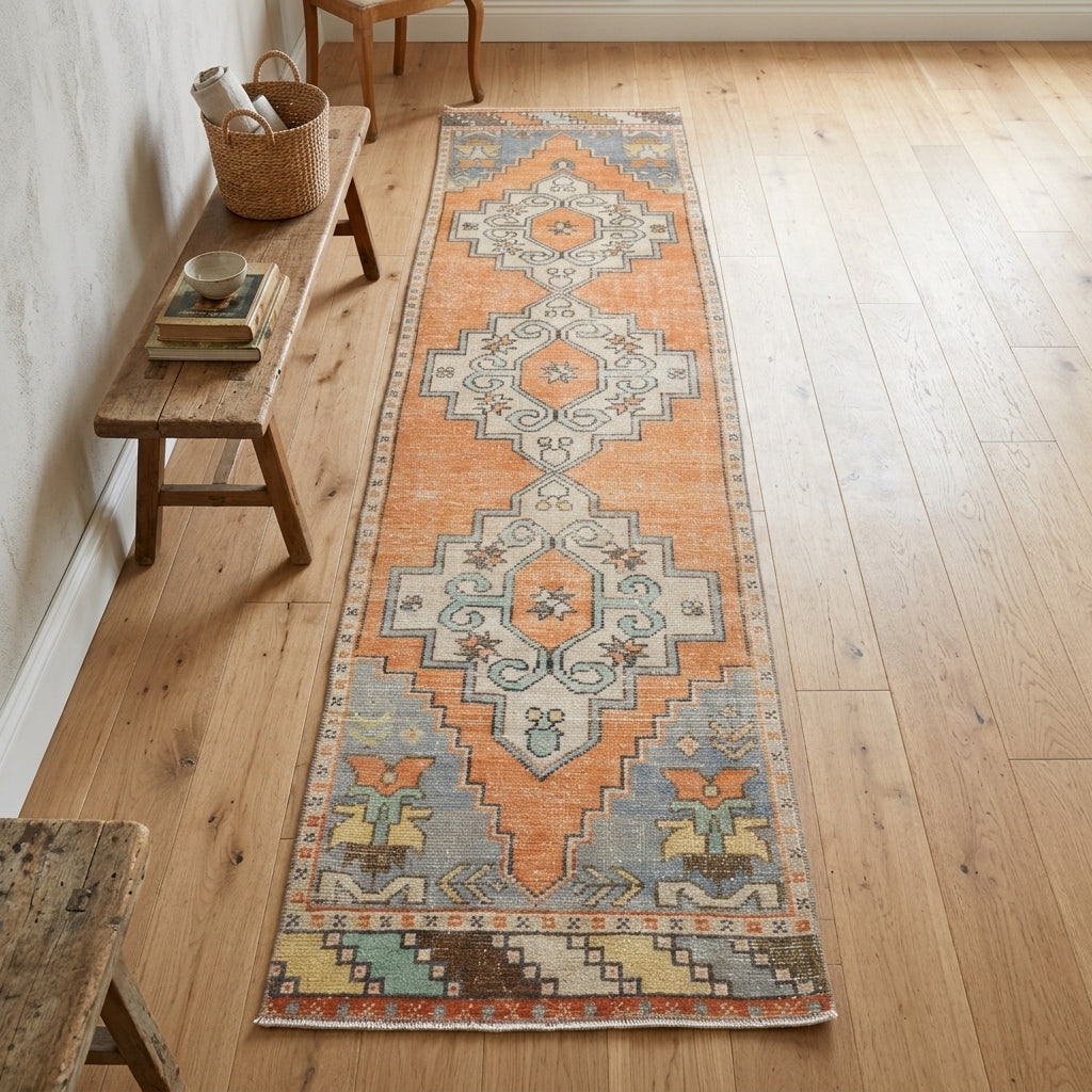 Oriental pattern on the Gumusbike vintage runner rug – handmade in Anatolia, Turkey
