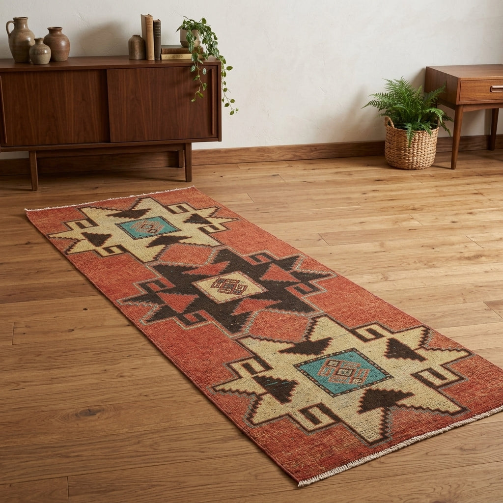 Tribal pattern on the Guldemnaz vintage runner rug – handmade in Anatolia, Turkey
