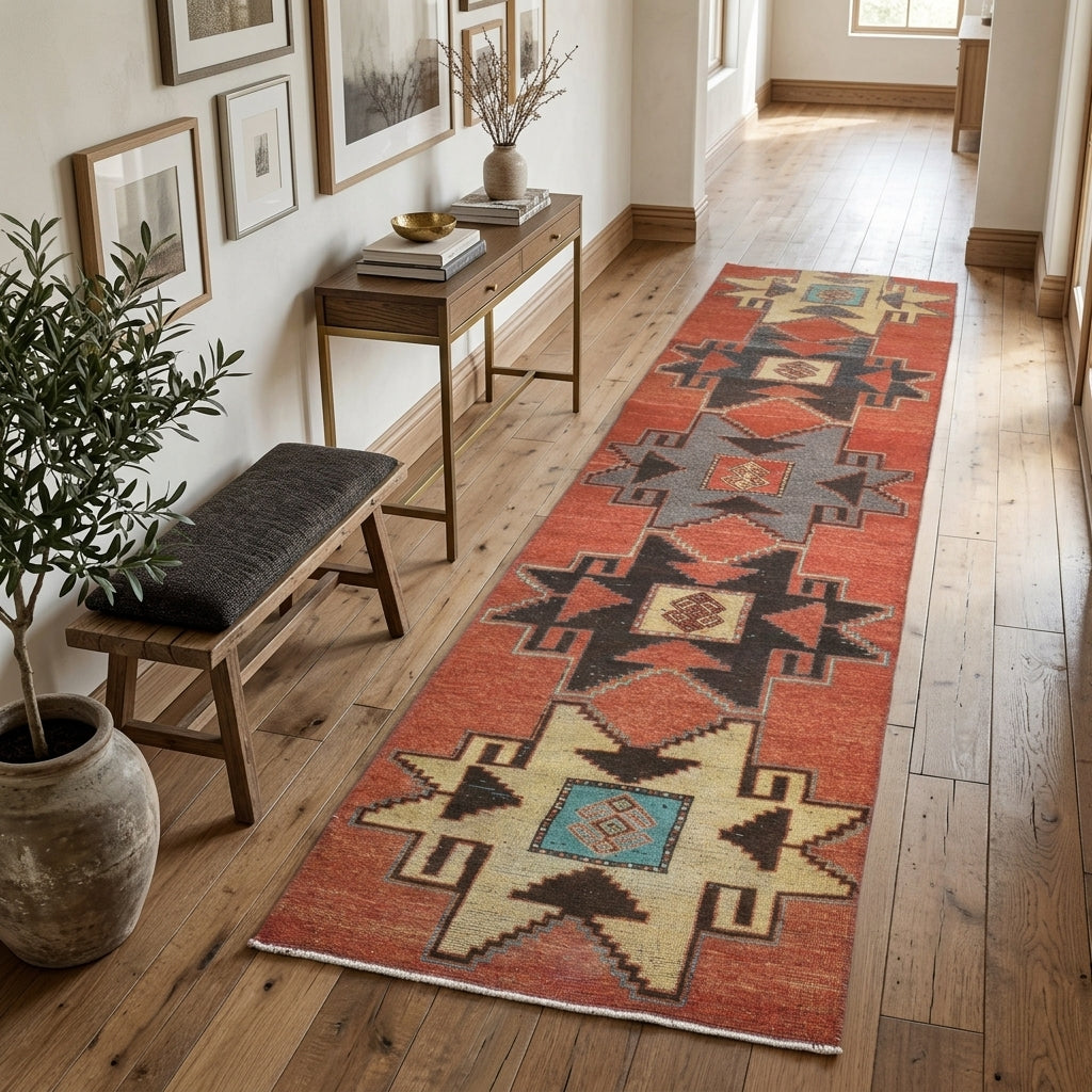Tribal pattern on the Guldemnaz vintage runner rug – handmade in Anatolia, Turkey