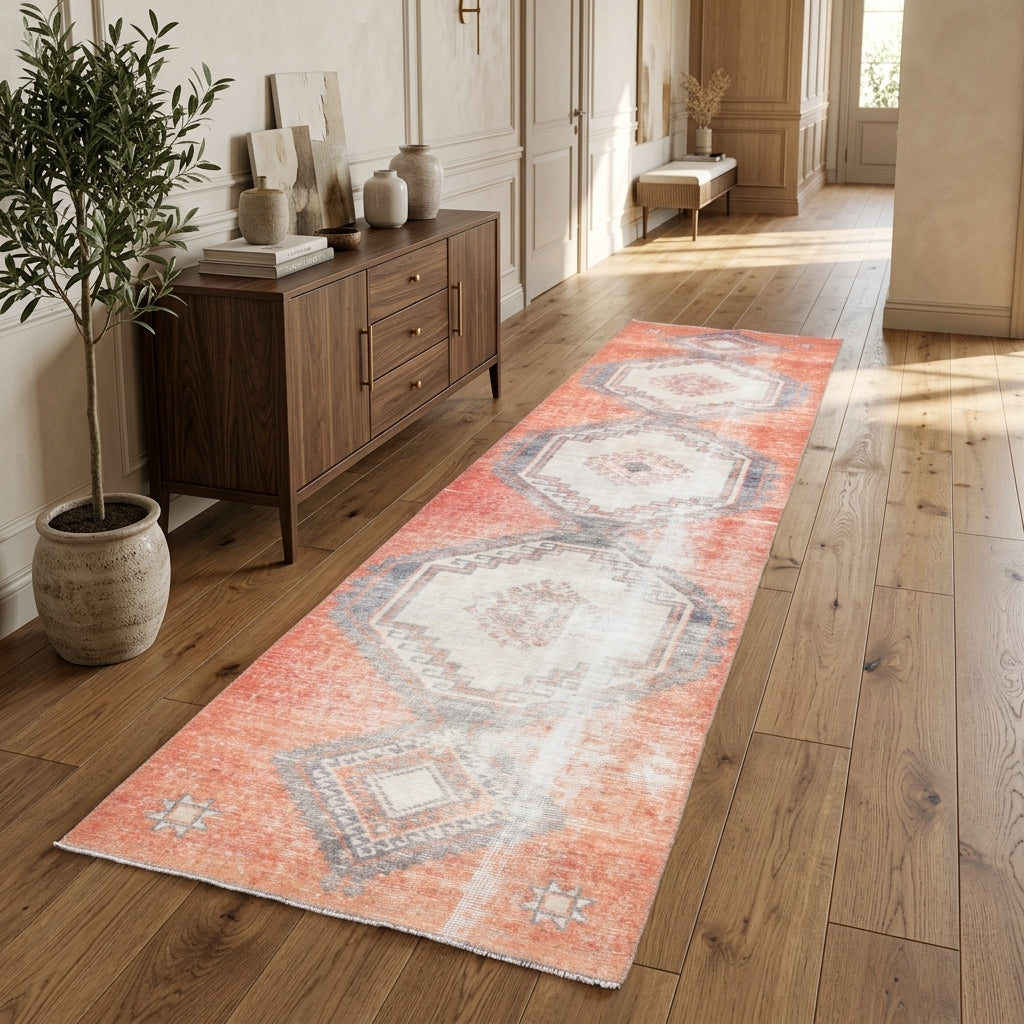 Geometric pattern on the Fidanaz distressed vintage runner rug – handmade in Anatolia, Turkey