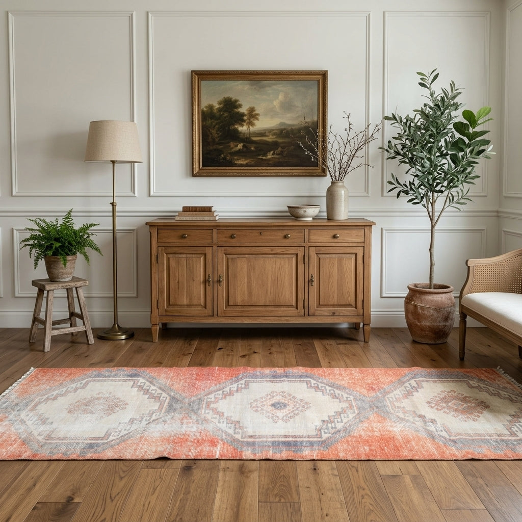 Geometric pattern on the Fidanaz distressed vintage runner rug – handmade in Anatolia, Turkey
