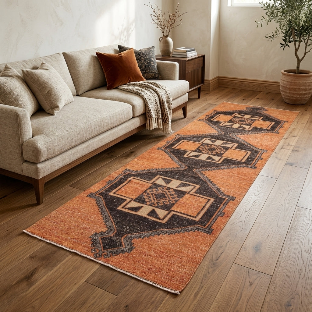 Geometric pattern on the Eter vintage runner rug – handmade in Anatolia, Turkey