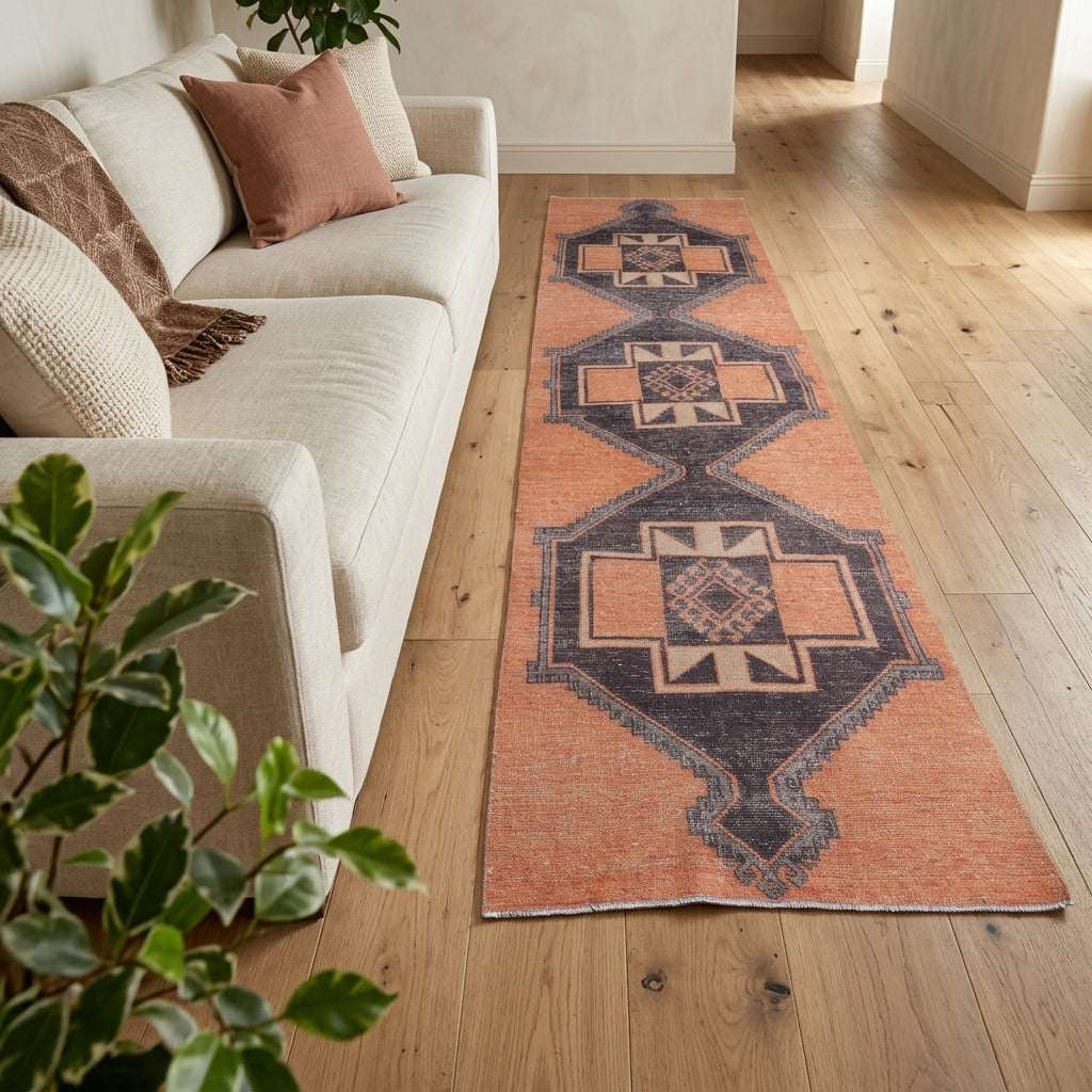 Geometric pattern on the Eter vintage runner rug – handmade in Anatolia, Turkey