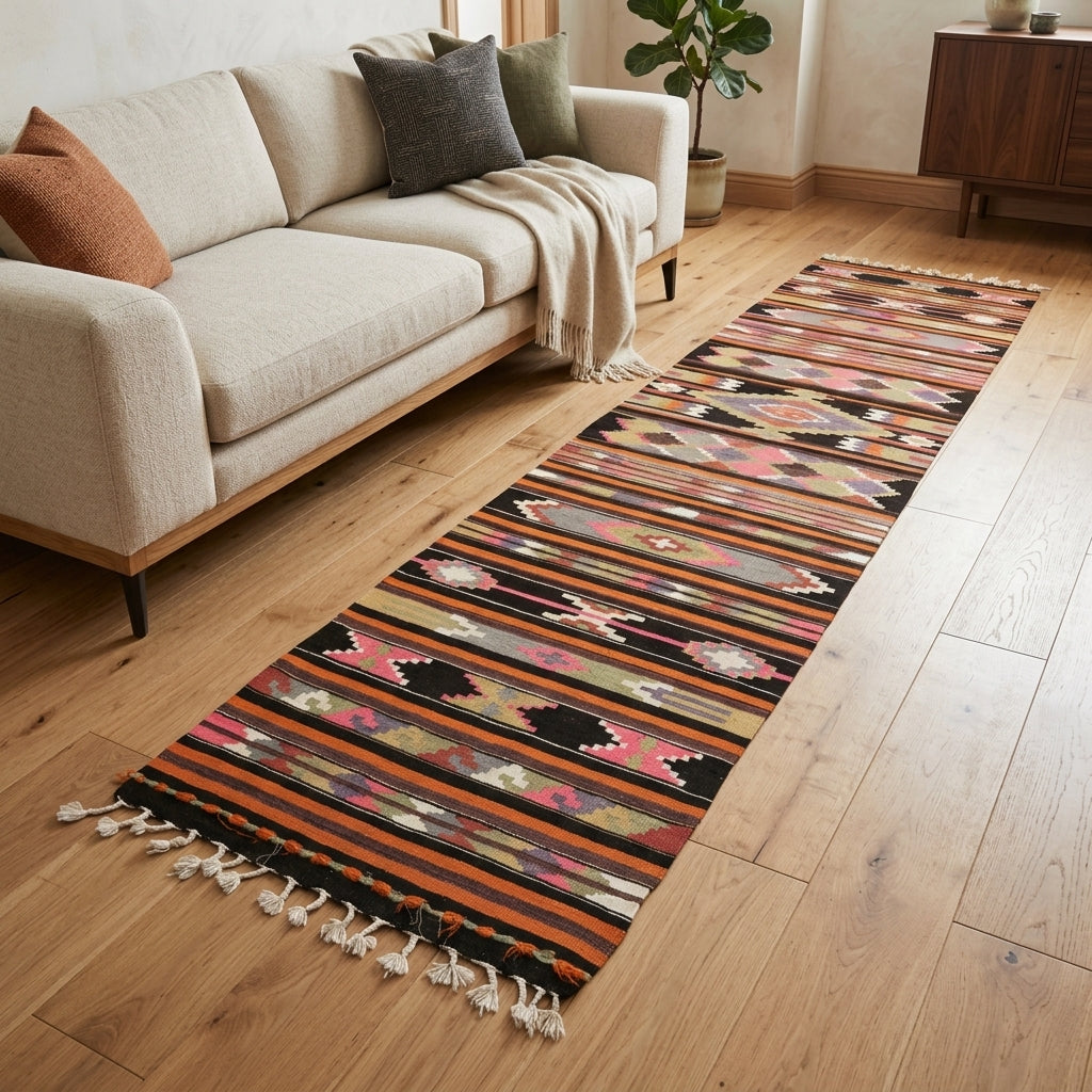 Striped pattern on the Ipekmelek vintage kilim runner rug – handwoven flatweave in Anatolia, Turkey