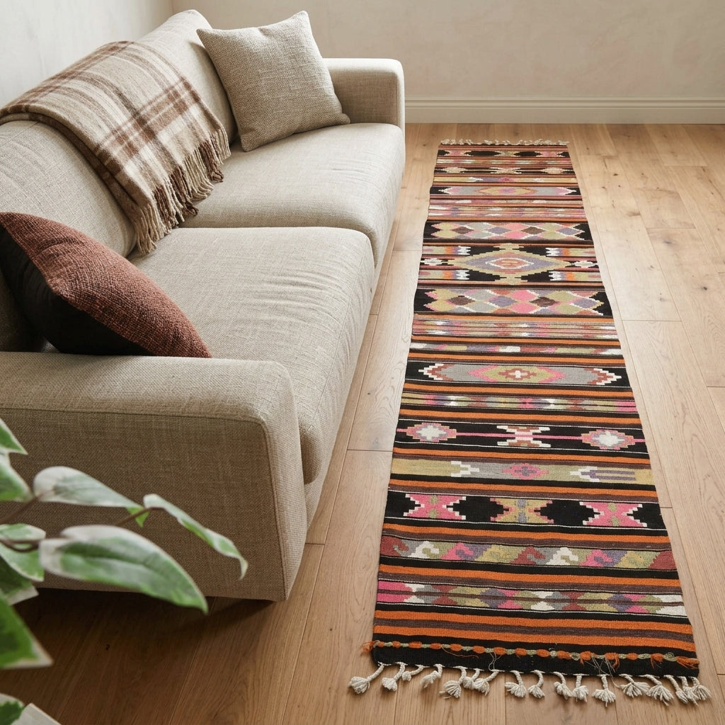 Striped pattern on the Ipekmelek vintage kilim runner rug – handwoven flatweave in Anatolia, Turkey
