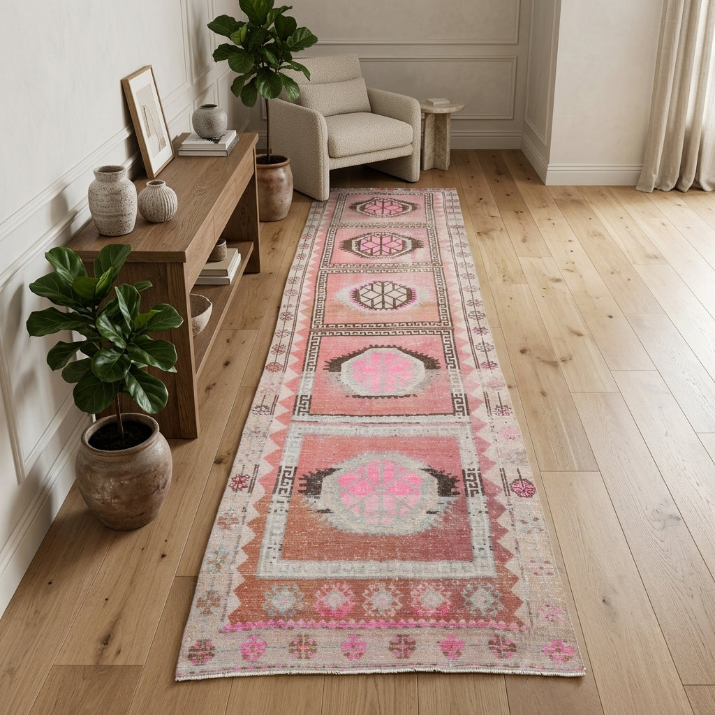 Oriental pattern on the Eirenezoe vintage runner rug – handmade in Anatolia, Turkey