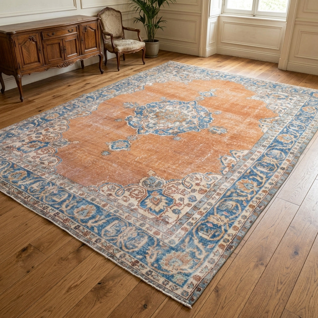 Oriental and medallion pattern on the Phaenaura vintage area rug – handmade in the Persian region