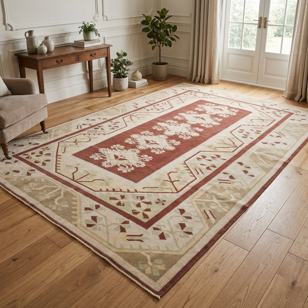 Bordered and ikat pattern on the Rengingul vintage area rug – handmade in Milas, Turkey