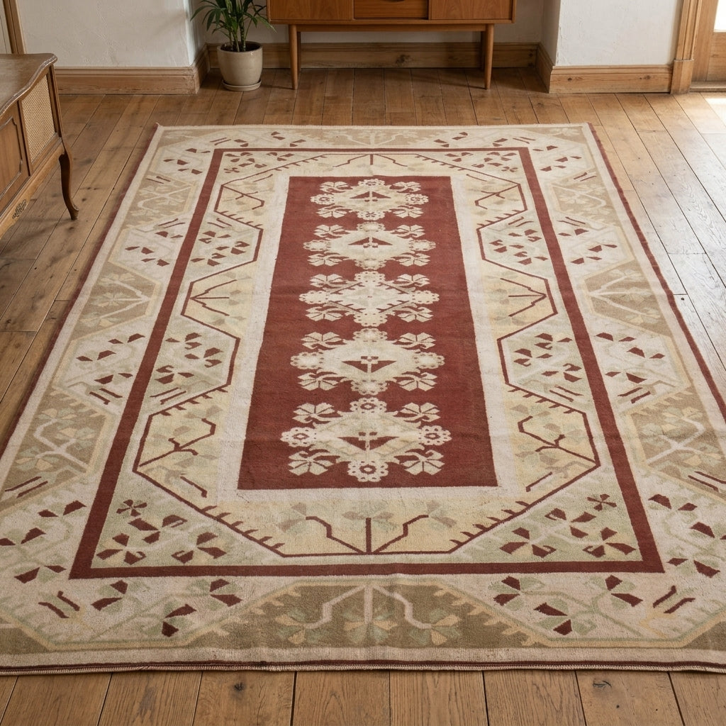 Bordered and ikat pattern on the Rengingul vintage area rug – handmade in Milas, Turkey