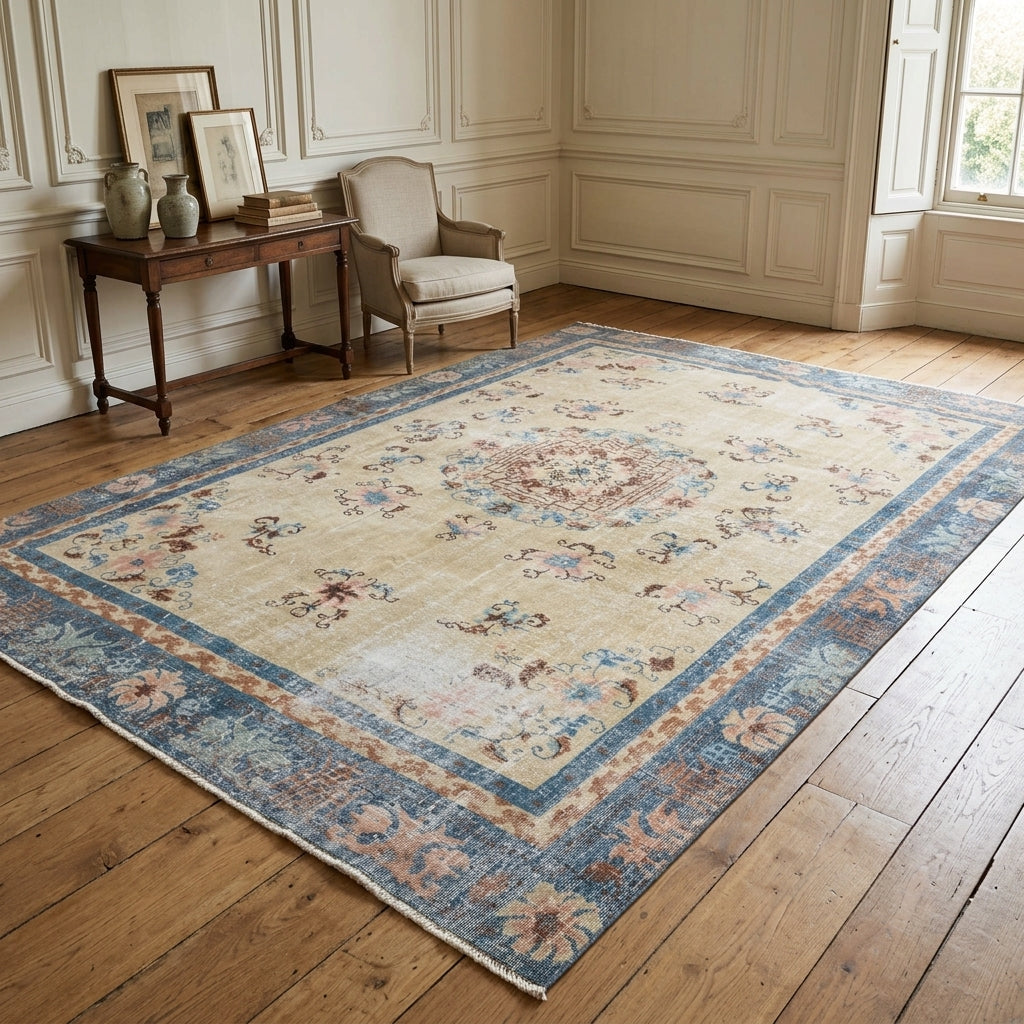 Oriental and bordered pattern on the Petromira vintage area rug – handmade in Anatolia, Turkey