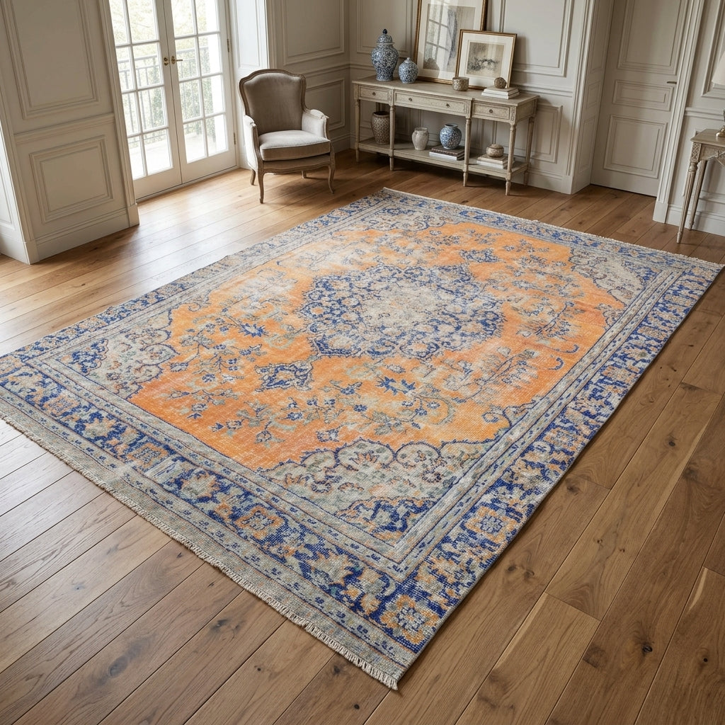 Oriental pattern on the Petrolyra vintage area rug – handmade in Anatolia, Turkey