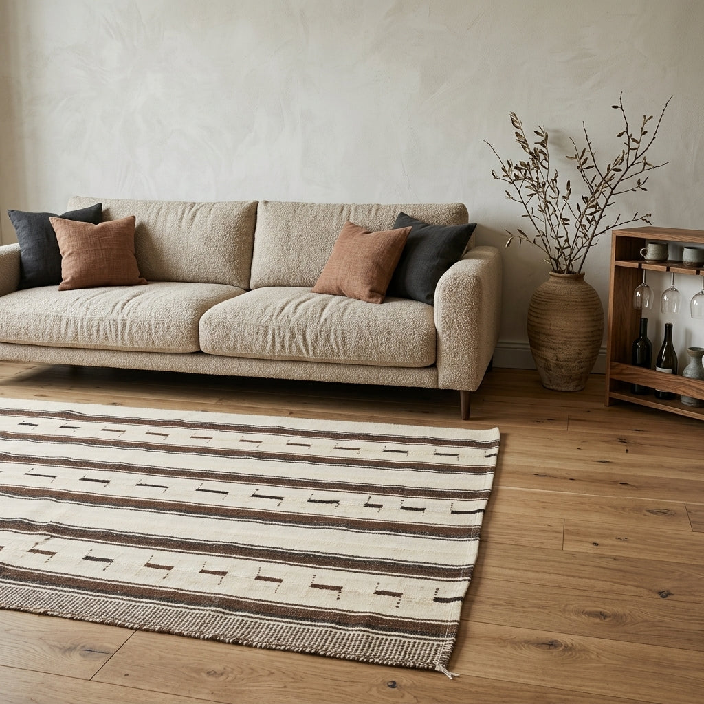 Striped pattern on the Tarabter vintage kilim rug – handwoven flatweave in Anatolia, Turkey