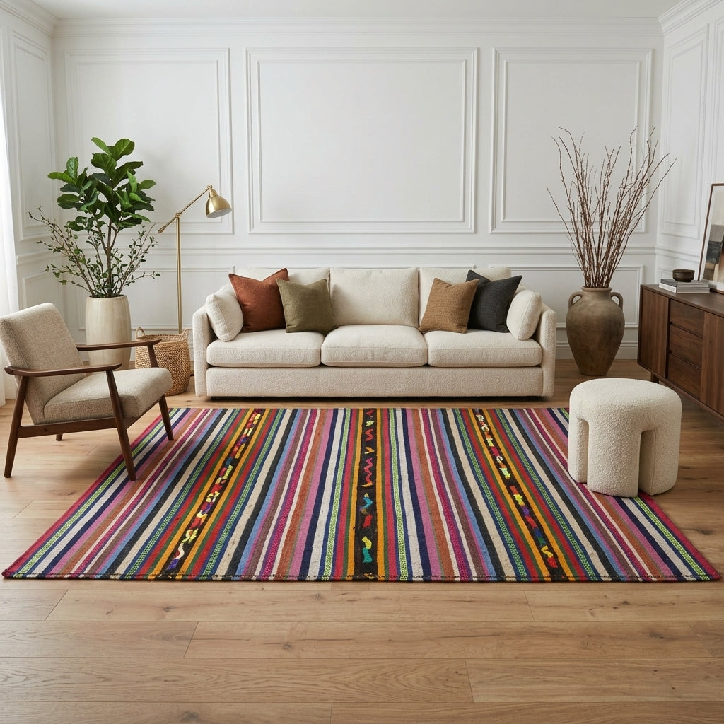 Striped pattern on the Suyar vintage kilim rug – handwoven flatweave in Anatolia, Turkey