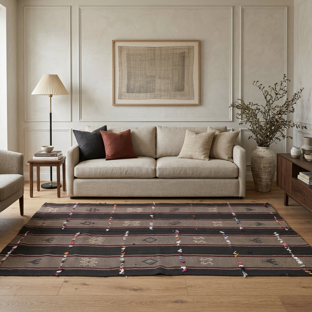 Striped pattern on the Humeyranaz vintage kilim runner rug – handwoven flatweave in Anatolia, Turkey