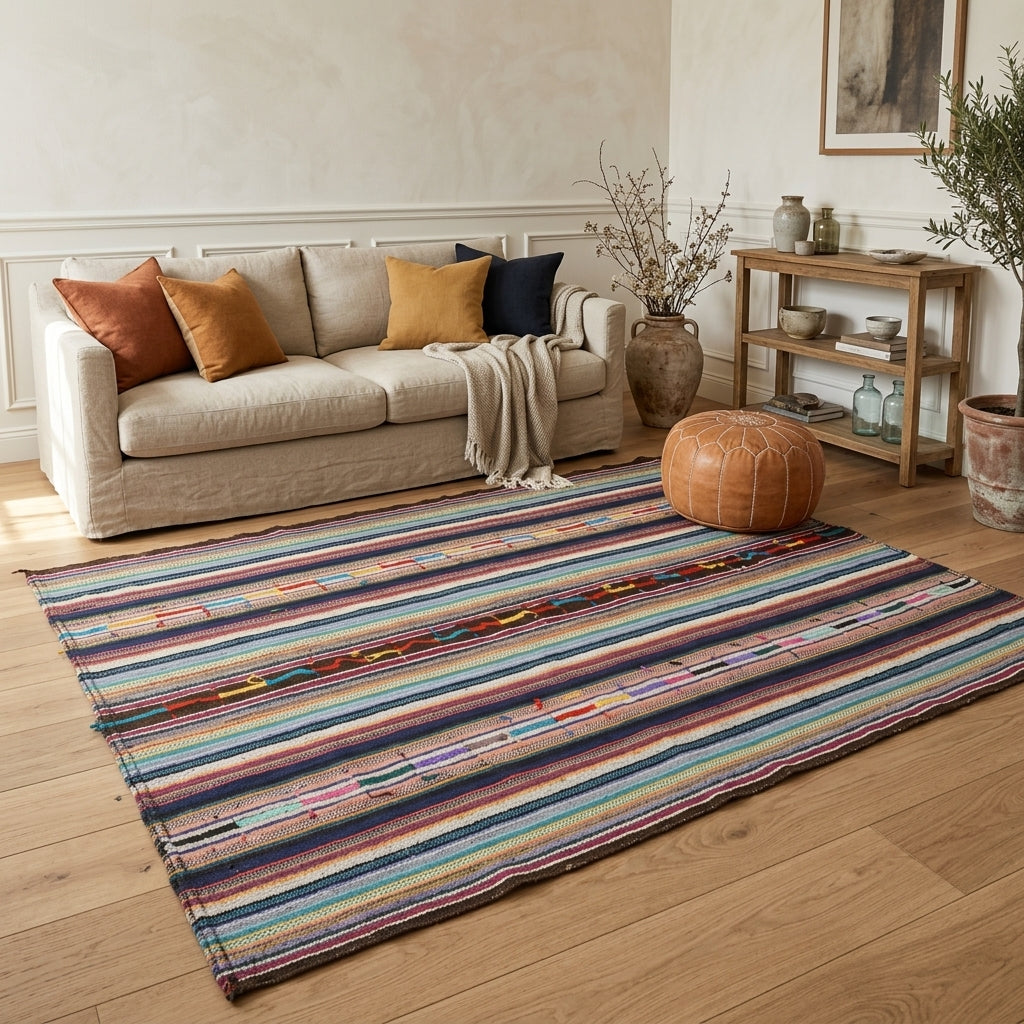 Ikat pattern on the Sayestegul vintage kilim rug – handwoven flatweave in Anatolia, Turkey