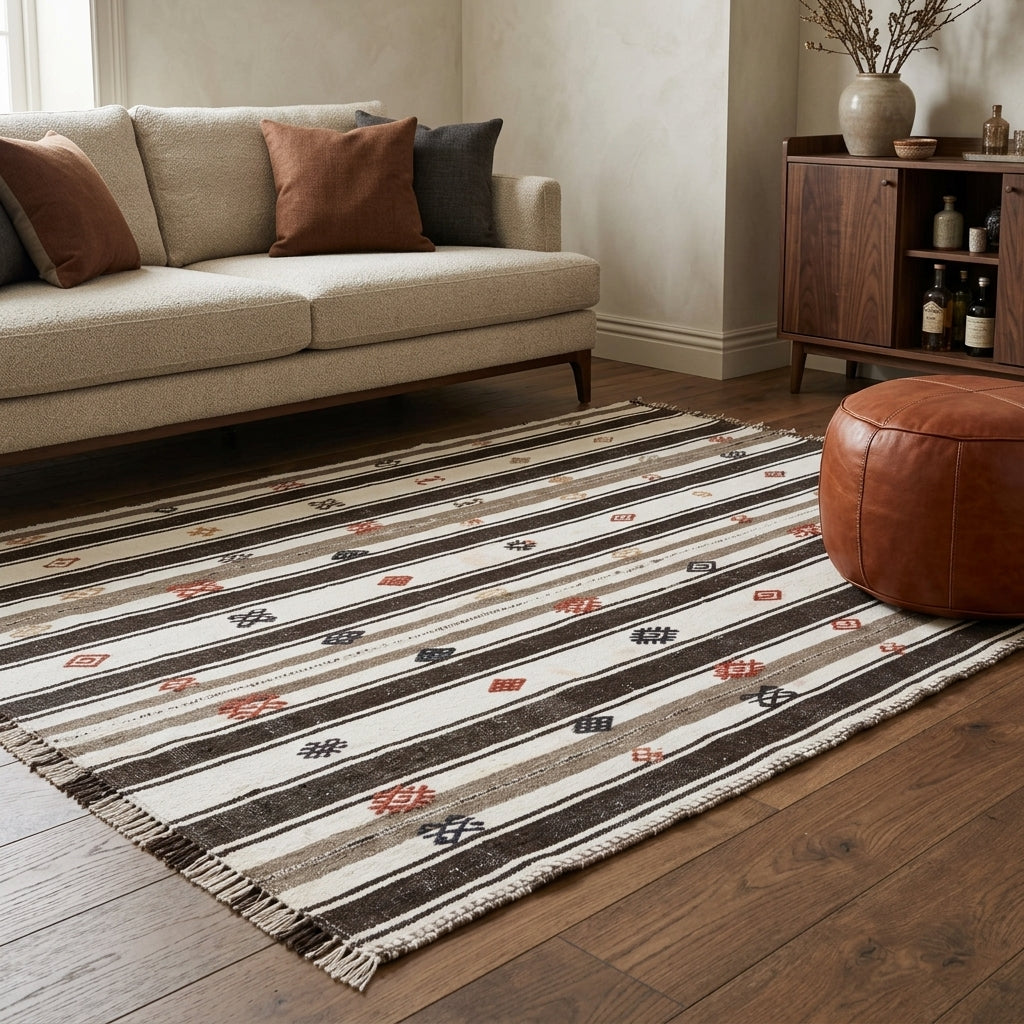 Striped pattern on the Smaragdothalia vintage kilim rug – handwoven flatweave in Anatolia, Turkey