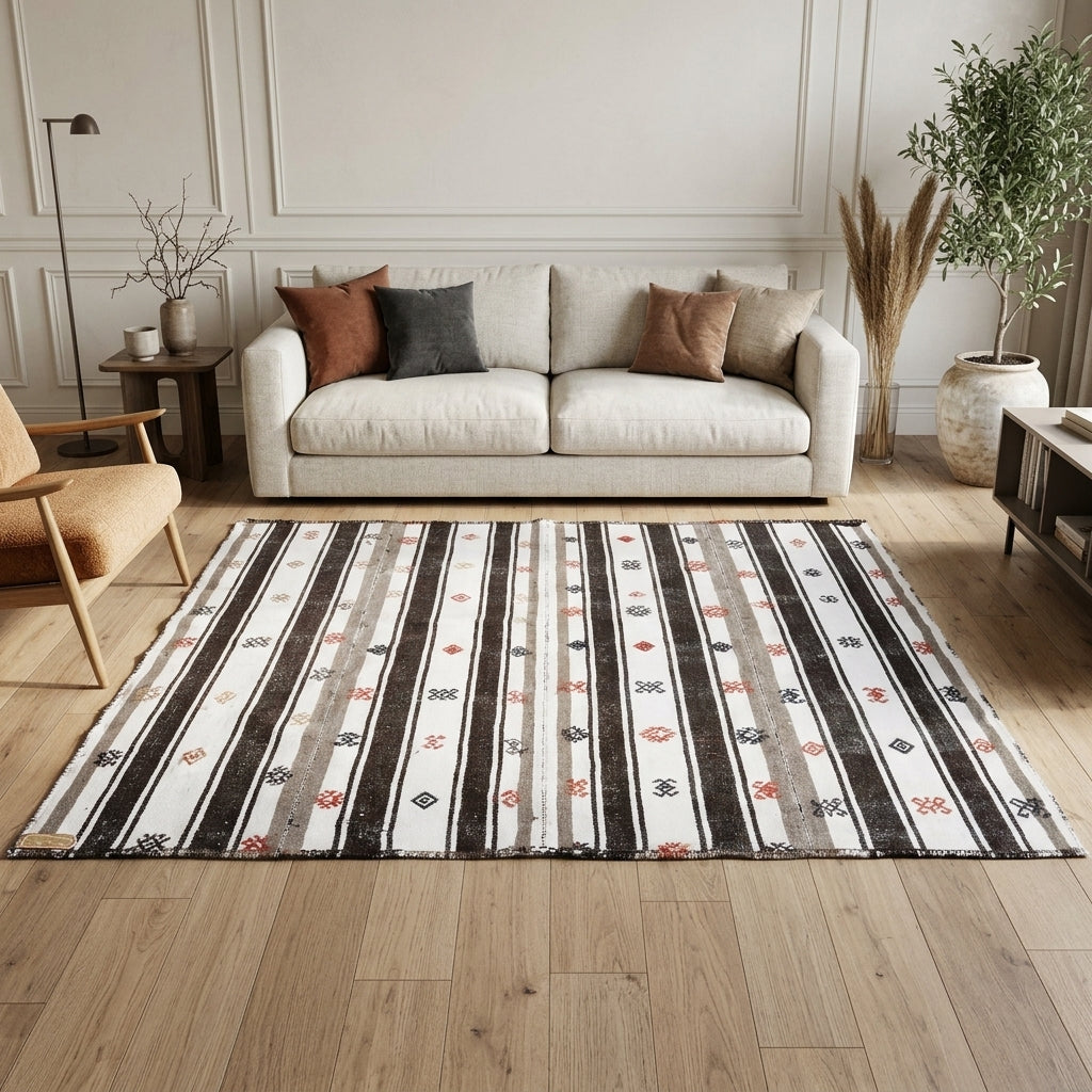 Striped pattern on the Smaragdothalia vintage kilim rug – handwoven flatweave in Anatolia, Turkey