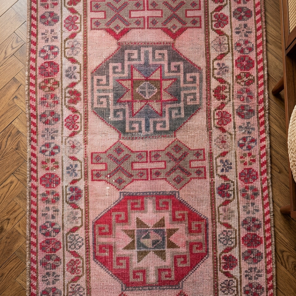 Geometric pattern on the Ecefruz vintage runner rug – handmade in Anatolia, Turkey
