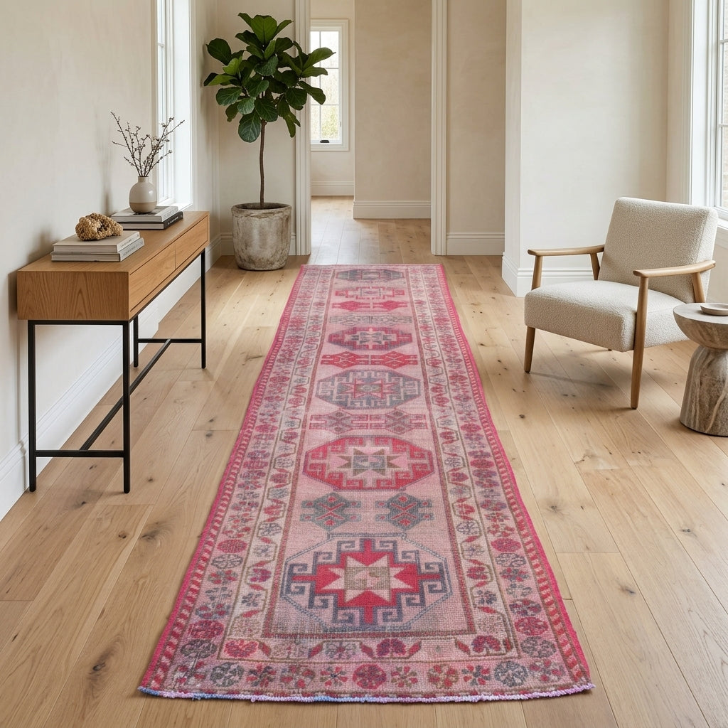 Geometric pattern on the Ecefruz vintage runner rug – handmade in Anatolia, Turkey
