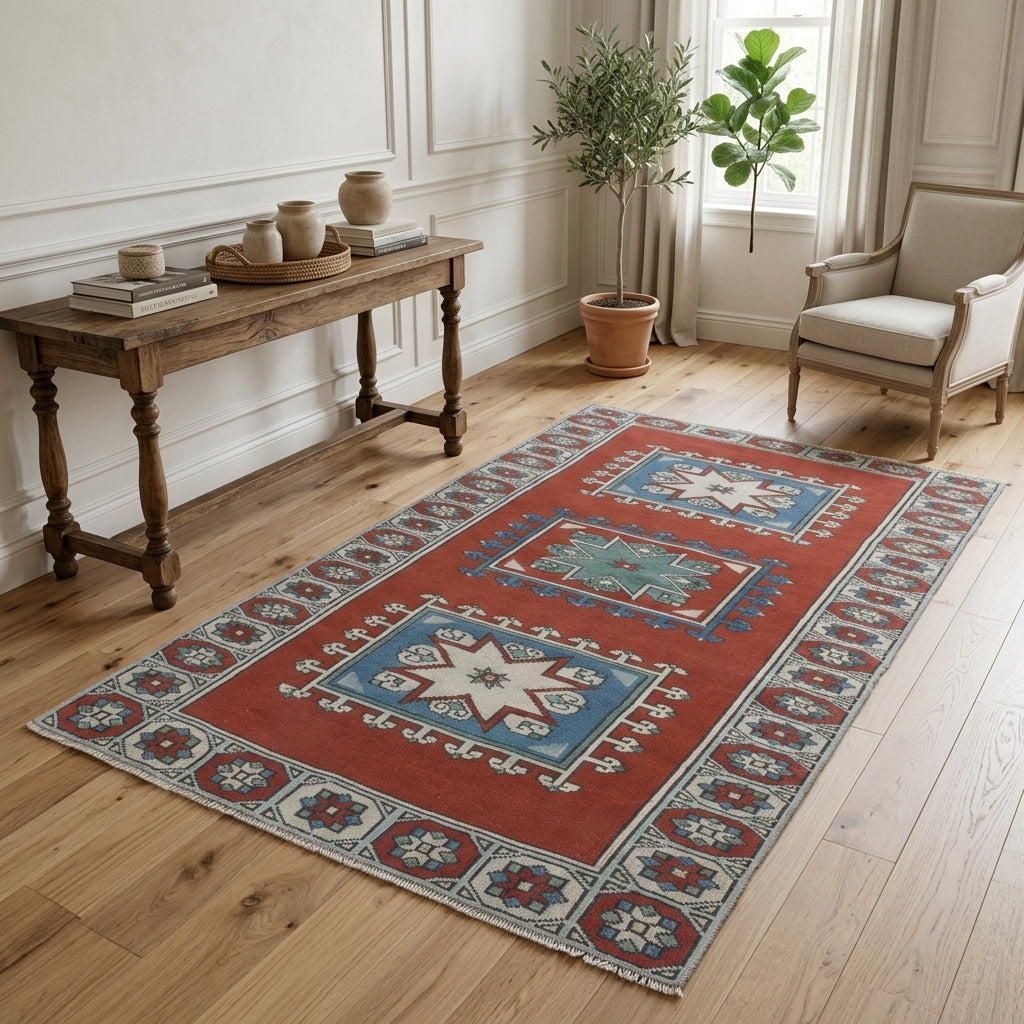 Ikat pattern on the Sibelnur vintage area rug – handmade in Anatolia, Turkey