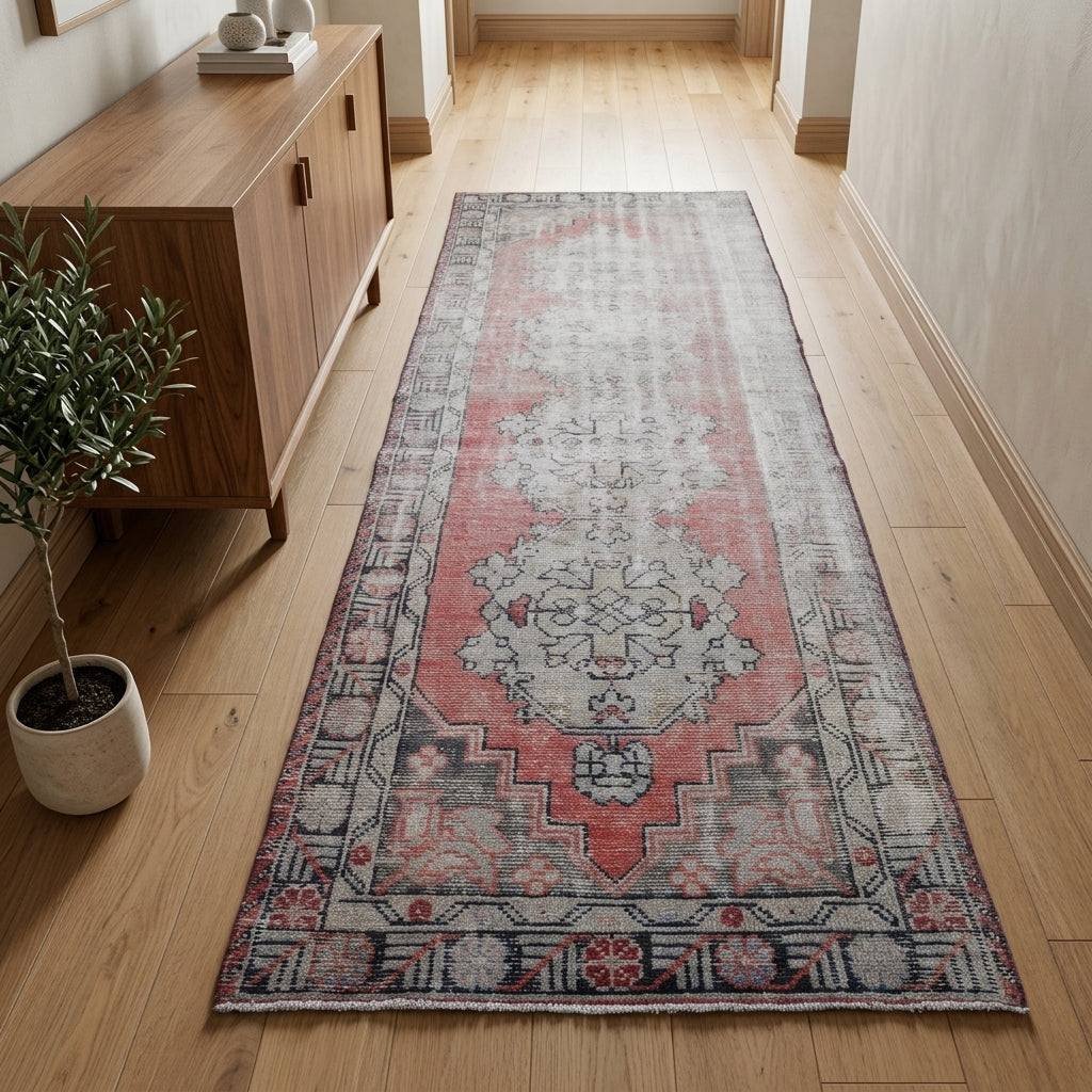 Oriental pattern on the Isikgonca distressed vintage runner rug – handmade in Anatolia, Turkey