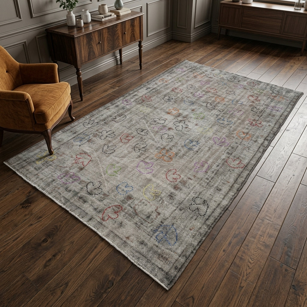 Custom design pattern on the Papatyanur 1950s antique washed vintage area rug – handmade in Anatolia, Turkey