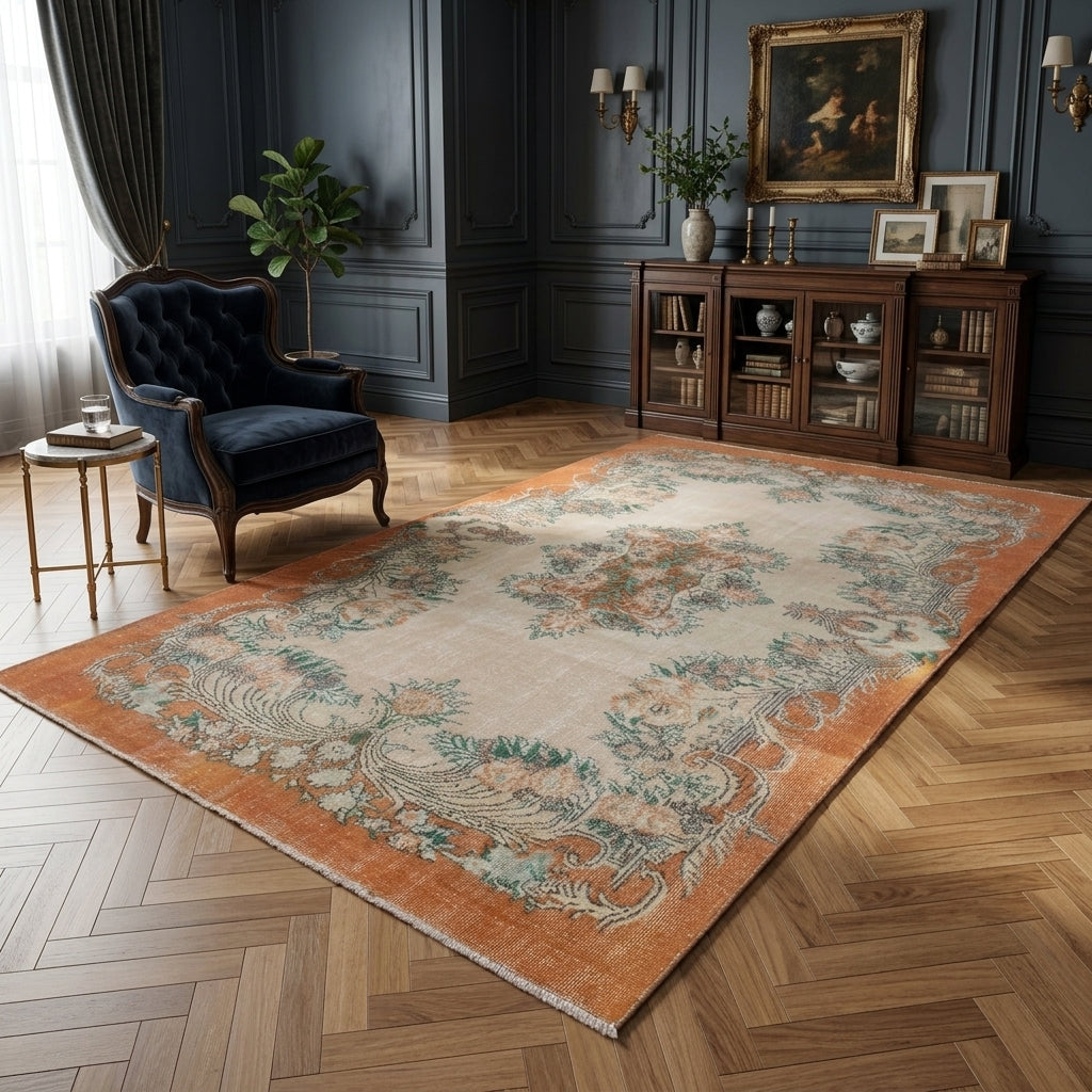 Abstract pattern on the Yagmurisik distressed vintage area rug – handmade in Anatolia, Turkey