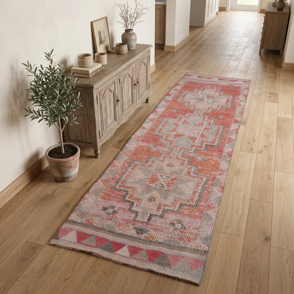 Geometric pattern on the Ilginperver vintage runner rug – handmade in Oushak, Turkey