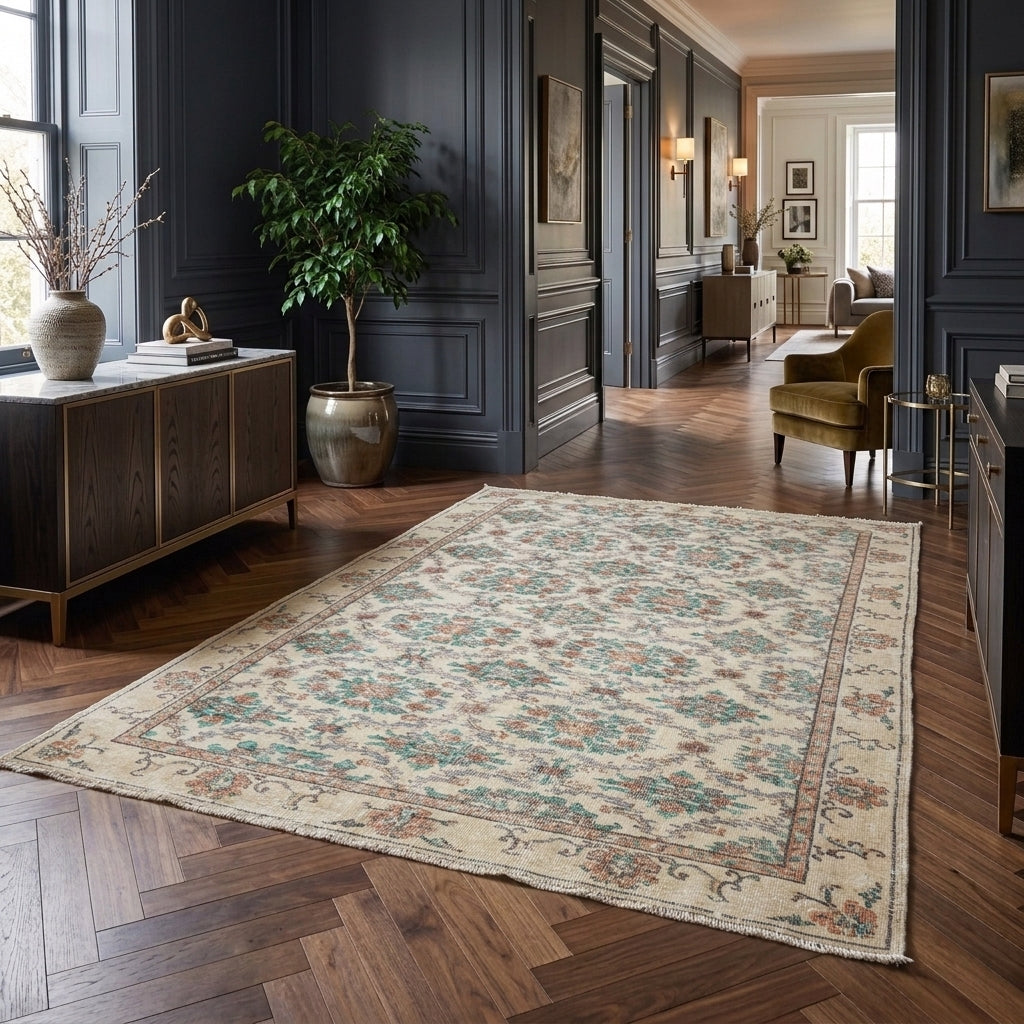 Floral pattern on the Pembeter vintage area rug – handmade in Anatolia, Turkey