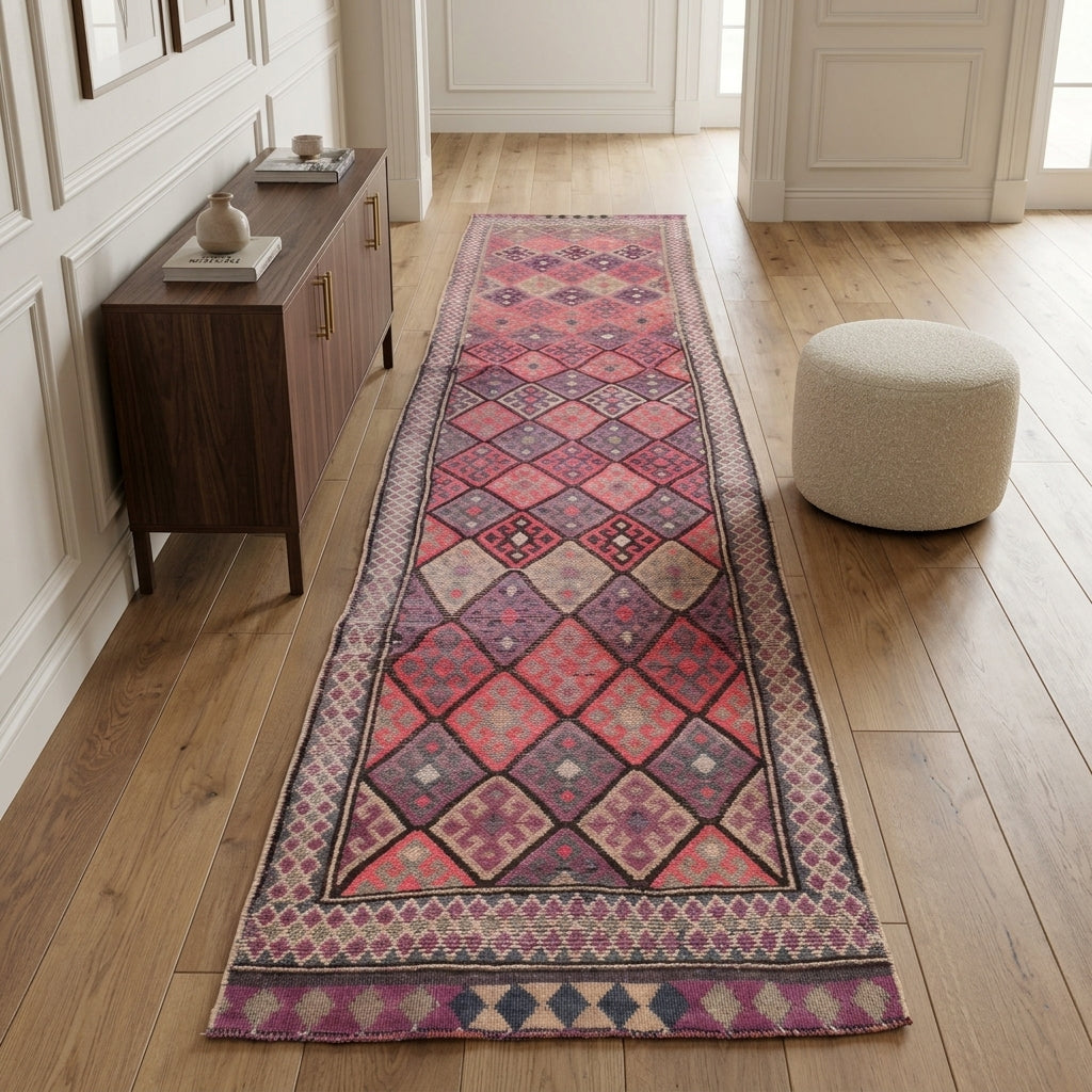 Ikat pattern on the Mihrbahce vintage kilim runner rug – handwoven flatweave in Anatolia, Turkey