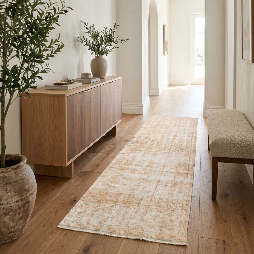 Floral pattern on the Meric distressed vintage runner rug – handmade in Anatolia, Turkey